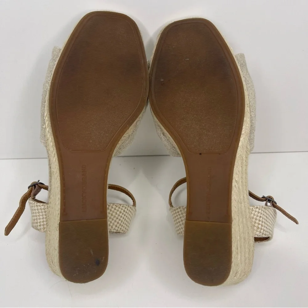 Lucky Brand Women's 8 Tan Gray Espadrille Wedge Sandal Feminine Bow‎ Beach Vaca